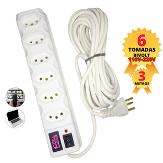 Regua Eletrica Bivolt Tripolar Filtro De Linha 220v 110v com 3 Metros de Cabo em Oferta na Shopee