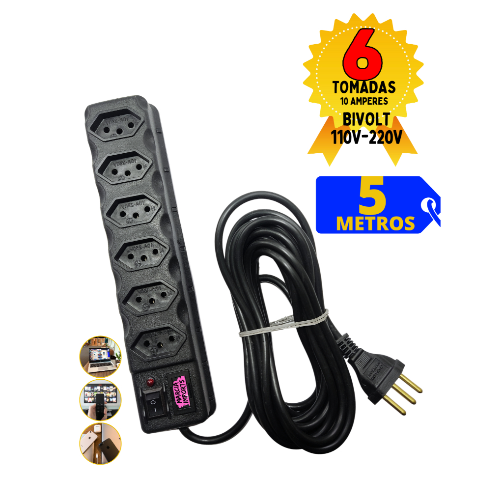 Regua Eletrica 5M Bivolt de 6,5,4 e 3 tomadas Filtro de Linha com Fusivel 110v 220v em Oferta na Shopee