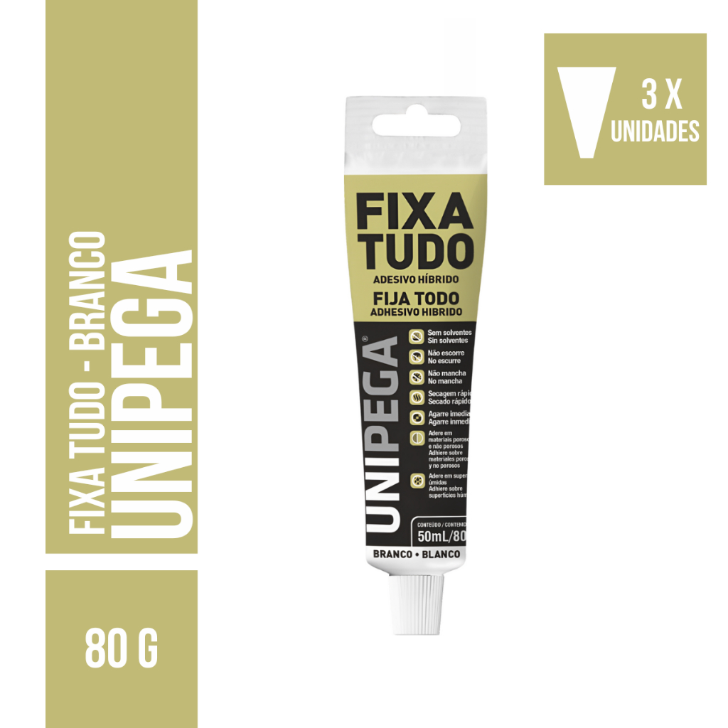 Kit 3 Cola Fixa Tudo Branco Adesão Até Debaixo D'água 80g UNIPEGA