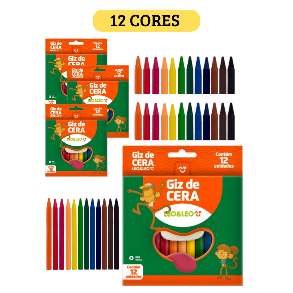 Kit 6 Caixas Giz de Cera Fino 88mm Caixa com 12 Cores Leo&Leo — imagem 2 de 2