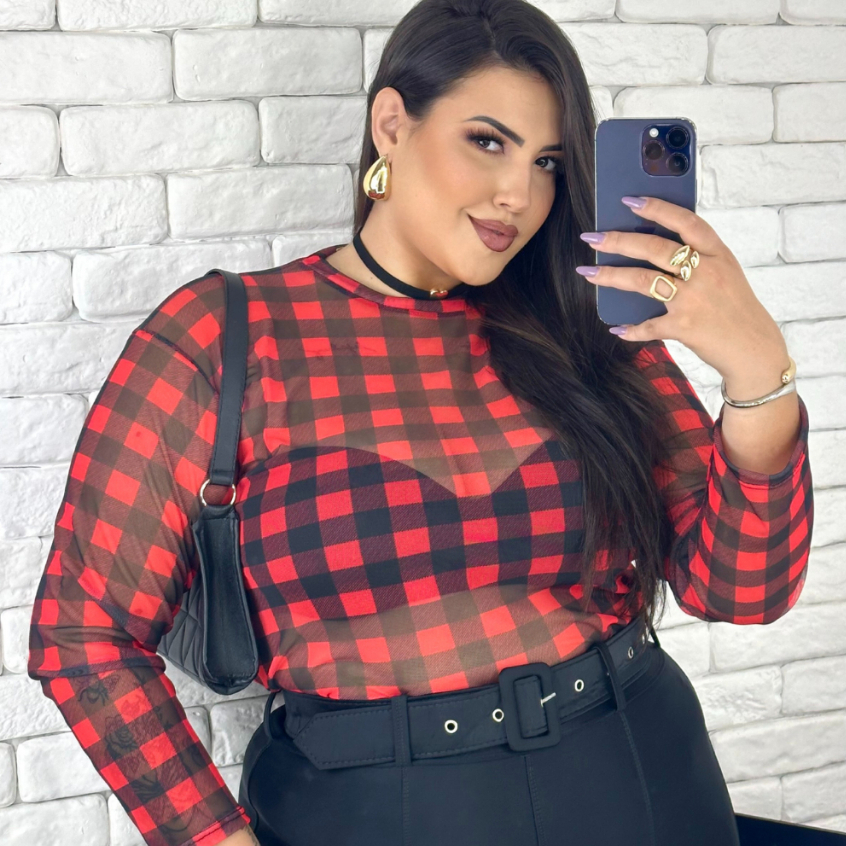 Blusa Feminina Xadrez Plus Size Festa Junina Segunda Pele  Blusinha Transparente Tule Moda Feminina