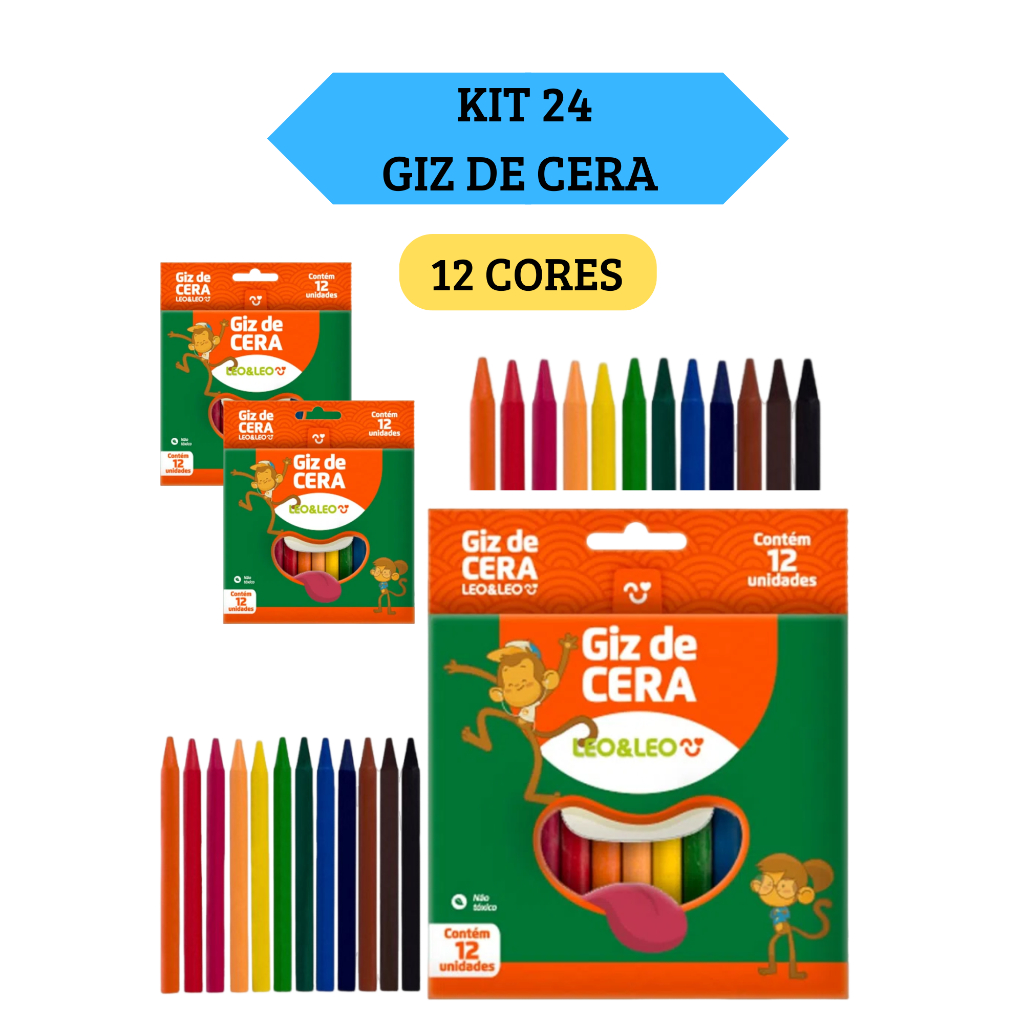 Kit 24  Caixas Giz de Cera Fino 88mm Caixa com 12 Cores Leo&Leo