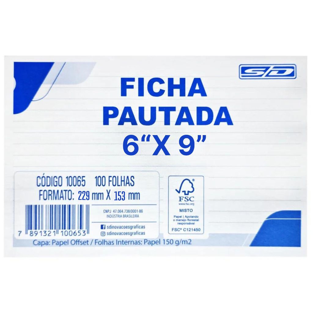 Ficha Pautada 6x9 (229 x 153 mm) com 100 Fichas - Animativa Ficha Pautada 6x9 (229 x 153 mm) com 100 Fichas - Animativa