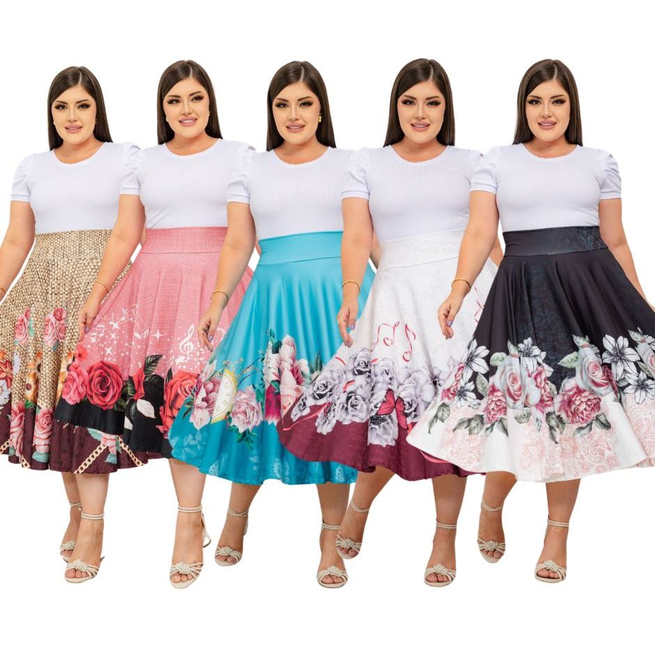 KIT 5 Saias Midi Estampas e Cores SORTIDAS Moda Feminina Modesta P ao G3 Atacado Revenda