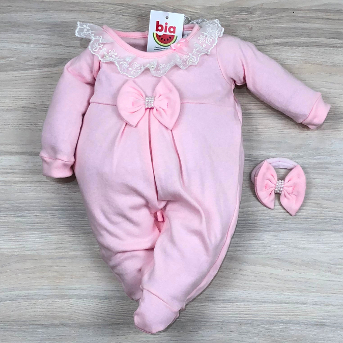 Macacão bebê menina com renda e laço Melissa 100% algodão