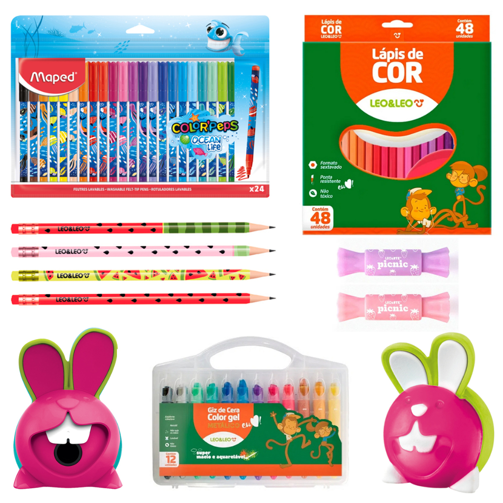 Canetinha 24 Cores Giz De Cera Gel Apontador e Borracha Croc Croc Marca Texto com 2 Pontas - Maped Leo e Leo