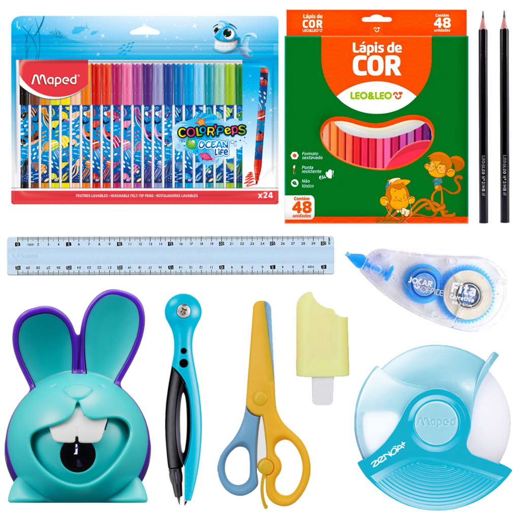 Canetinha + Apontador + Borracha + Lapis De Cor + Regua Compasso Tesoura Marca Texto - Maped Leo e Leo