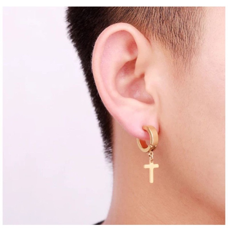 Par Brinco Dourado Aço Inox unissex masculino feminino argola dourado com pingente cruz crucifixo
