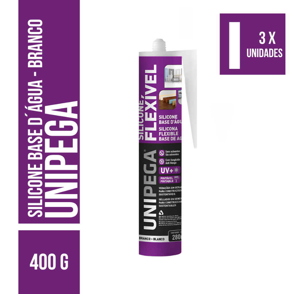 KIT 3 Silicone Flexível Base D'água Branco 400g - Unipega