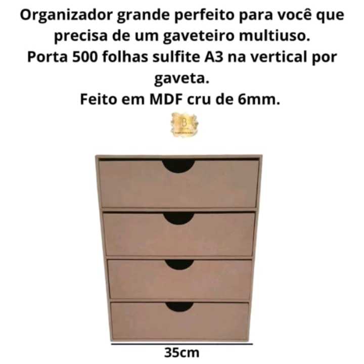 GAVETEIRO GRANDE P/ FOLHA A3 VERTICAL 4 GAVETAS MDF CRÚ CASA ESCRITÓRIO ORGANIZADOR PAPEL ACESSÓRIOS