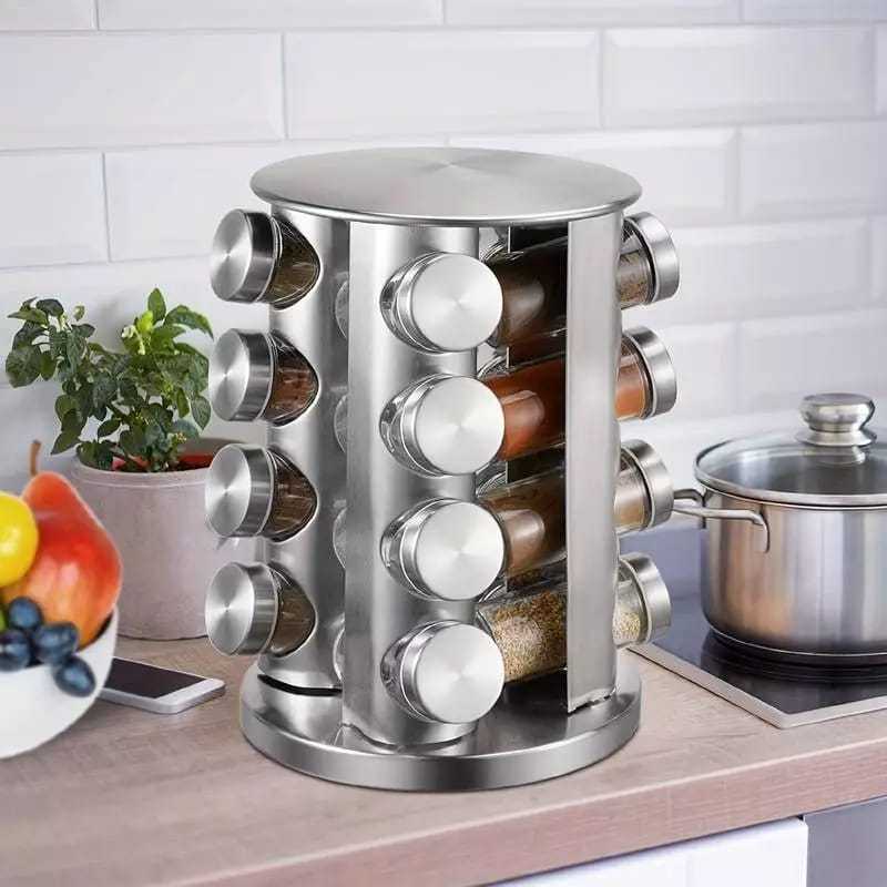 Porta Tempero RD Condimento Inox 16 Potes + Suporte Giratório Potinhos Decoração Cozinha  BBG-70188