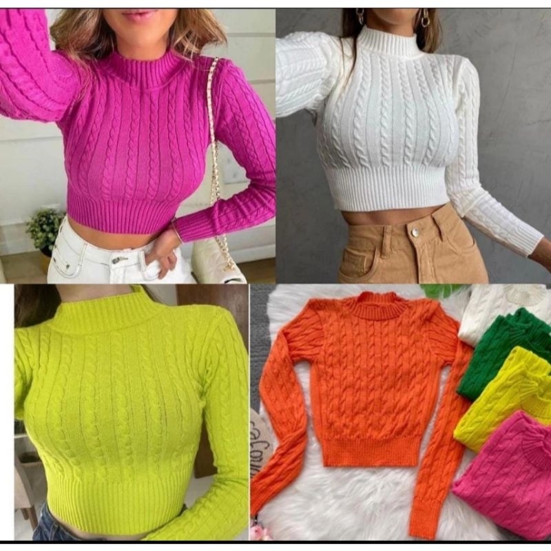Cropped Tricot Tranças Manga Longa