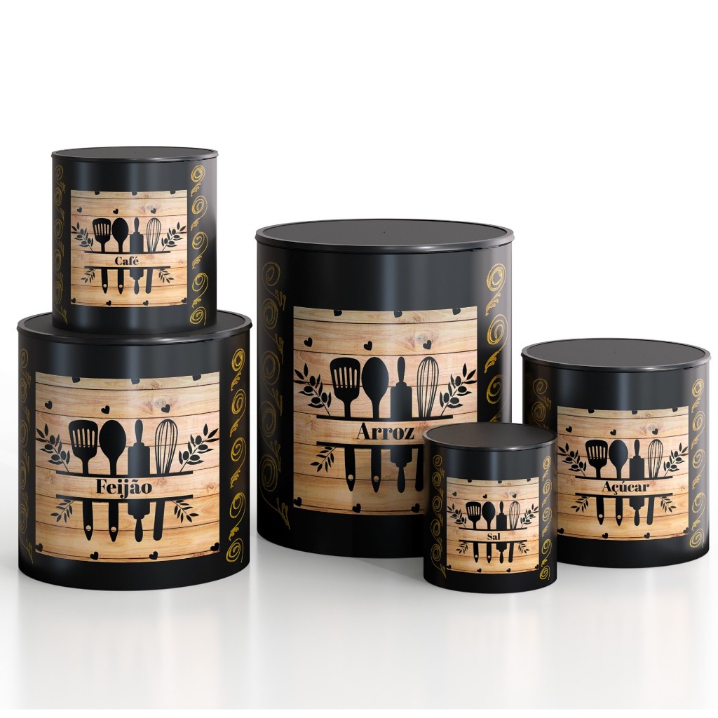 Kit 5 Porta Mantimentos Potes Redondos Plastico Decorado Cozinha