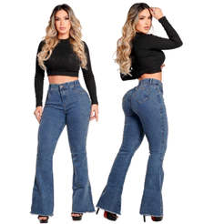 Calça Jeans Feminina Flare Marmorizada Lycra Modelagem Empina Bumbum Barra Desfiada
