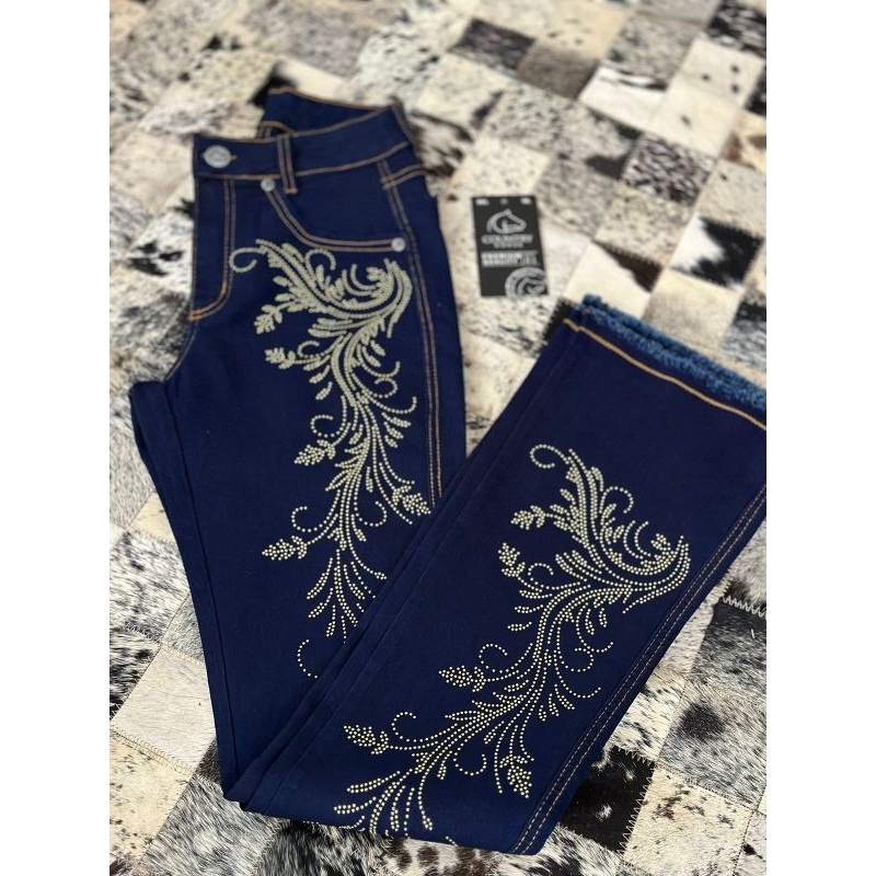 Calça Country Adulto e Infantil Blue Brilho Dourado Ramos em Pedraria em Oferta na Shopee