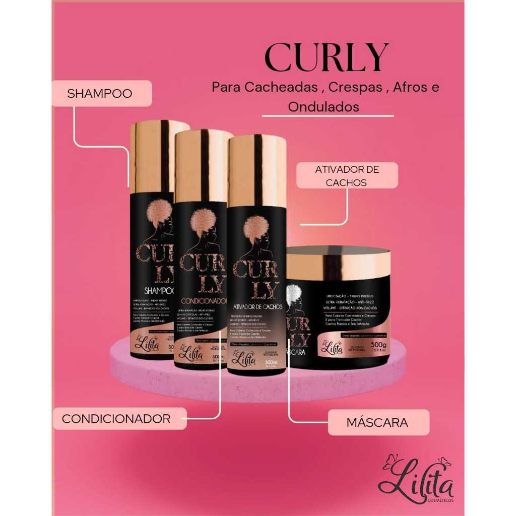 Kit de Cabelo Cacheado 4 passos shampoo Condicionador Mascara e Ativador de Cachos Lilita Cosmeticos