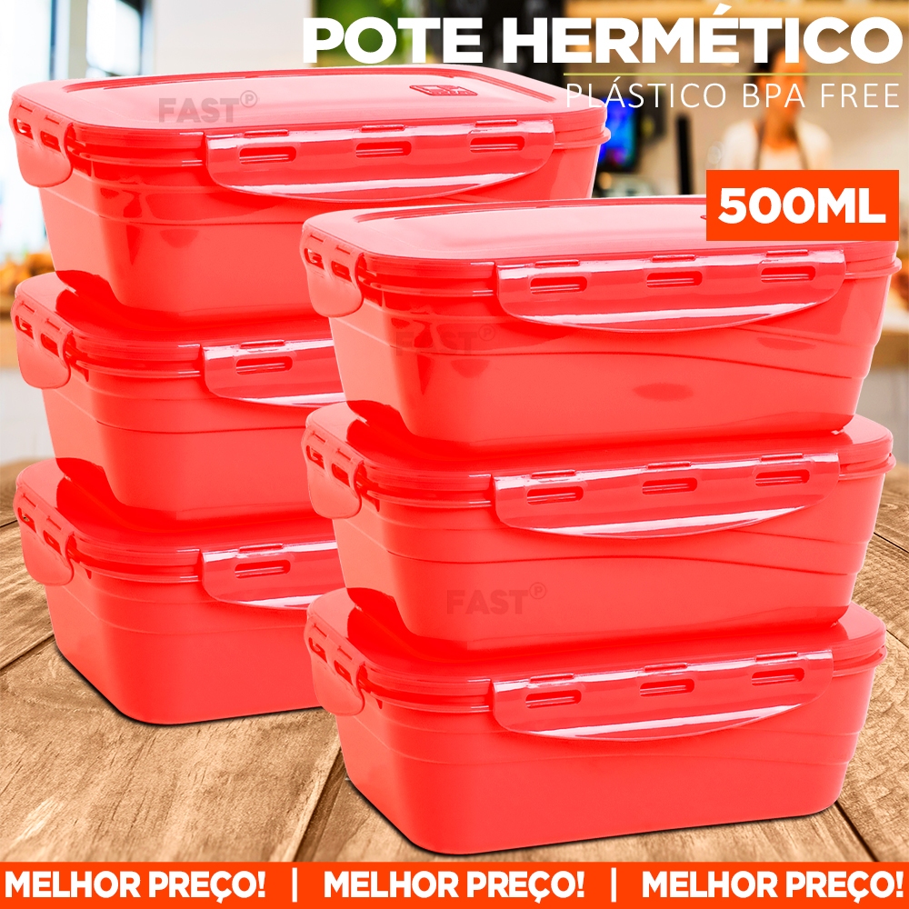 Kit 6 Potes Hermético 500ml Plástico Tampa Trava Vedação em Silicone Organizador de Geladeira Marmita vai ao Freezer e Microondas BPA FREE