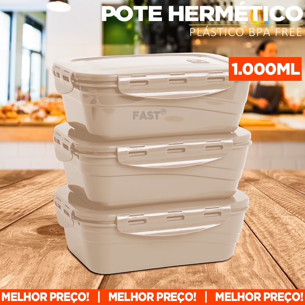 Kit 3 Potes Hermético 1.000ml Plástico Tampa Trava Vedação em Silicone Organizador de Geladeira Marmita vai ao Freezer