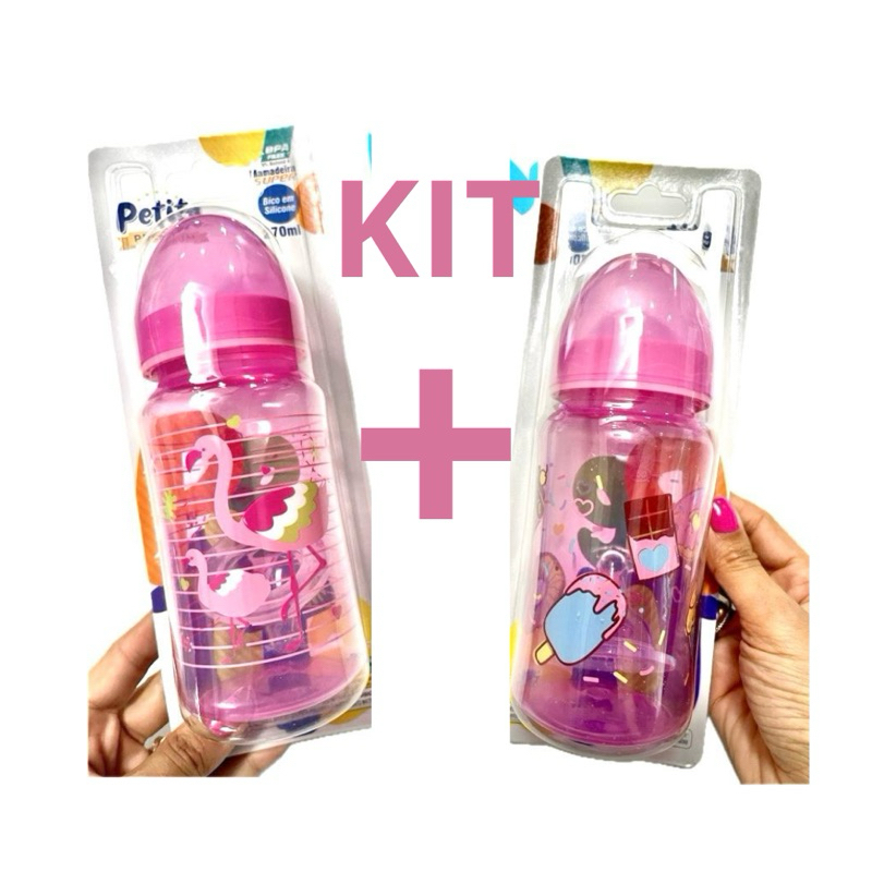 kit 2 Mamadeiras Petita 270 ml Bico Super Flamingo e Cupcake
