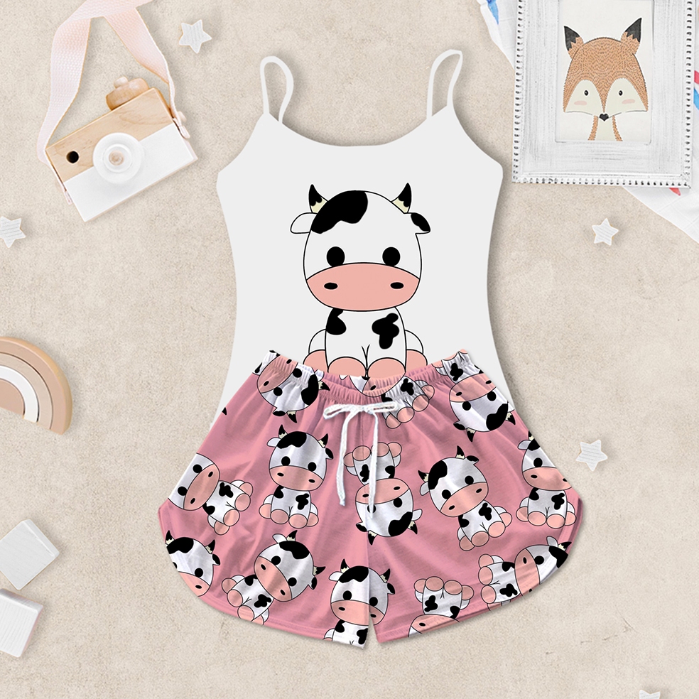 Pijama Feminino Infantil Baby Doll Estampa Vaca Rosa