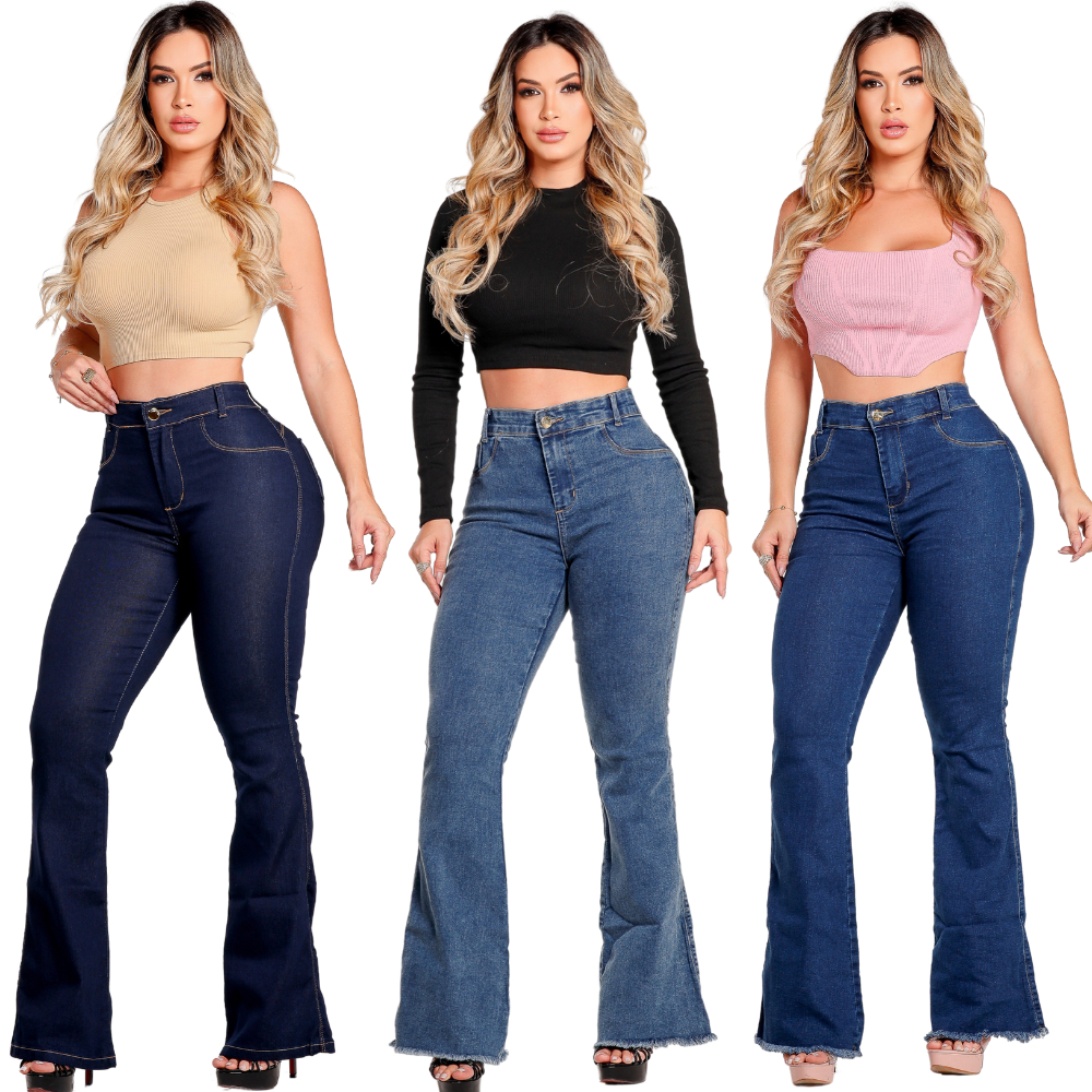 Kit 03 Calças Flare Cós Super Alto Amaciada Marmorizada Azul Clara Empina BumBum em Oferta na Shopee