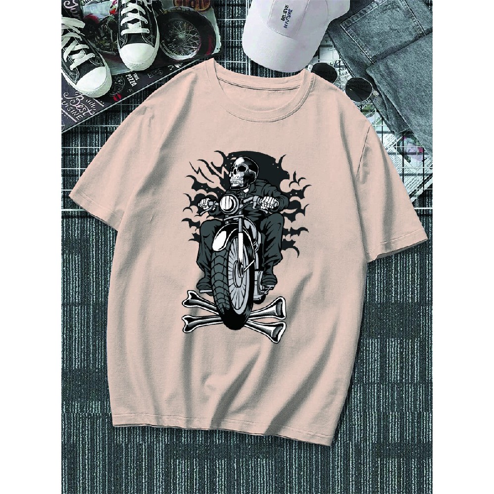 Blusa Divertida Caveira Que Dirige Moto Fantasma Atual Diferenciada Camiseta 100% Algodão