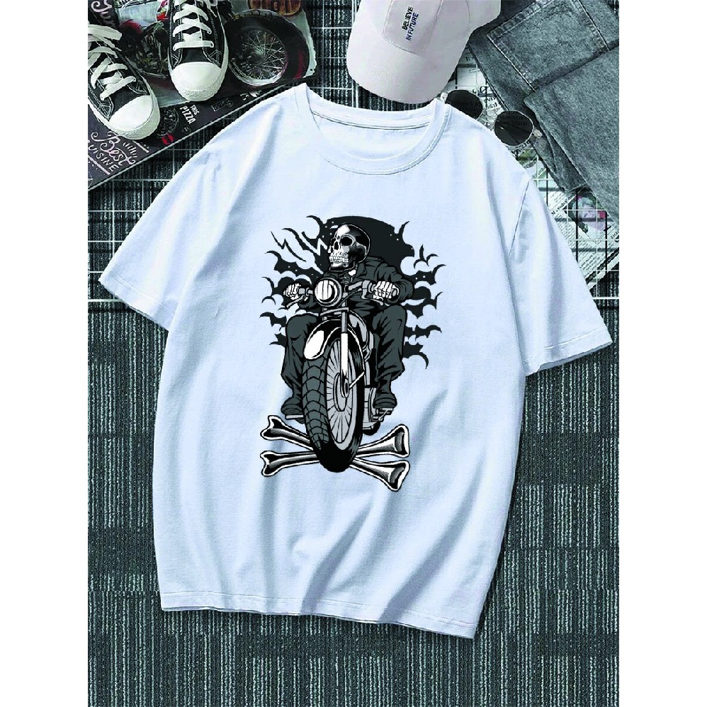 Camisa Camiseta Estampa  Unissex Motoqueiro Caveira Fantasma T-shirt Avulsa Blusa Tecido 100% Algodão