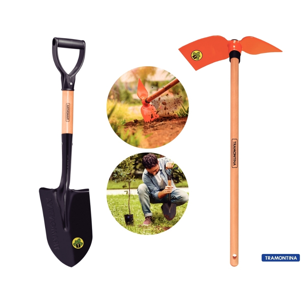 Conjunto Jardinagem Sacho Enxadinha Coraçao 60cm com Pa de Bico Plastica Tramontina