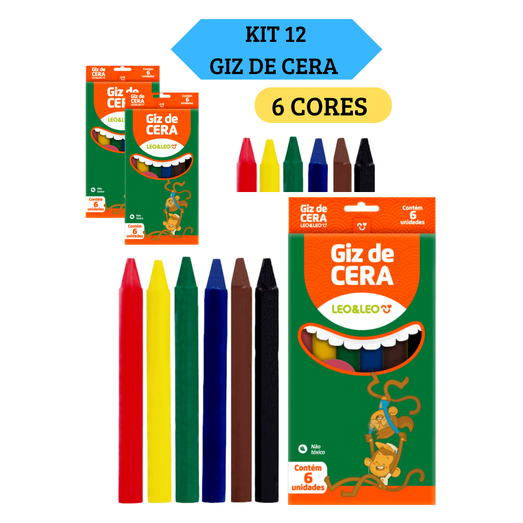 Kit 12  Caixas Giz de Cera Fino 88mm Caixa com 6 Cores Leo&Leo