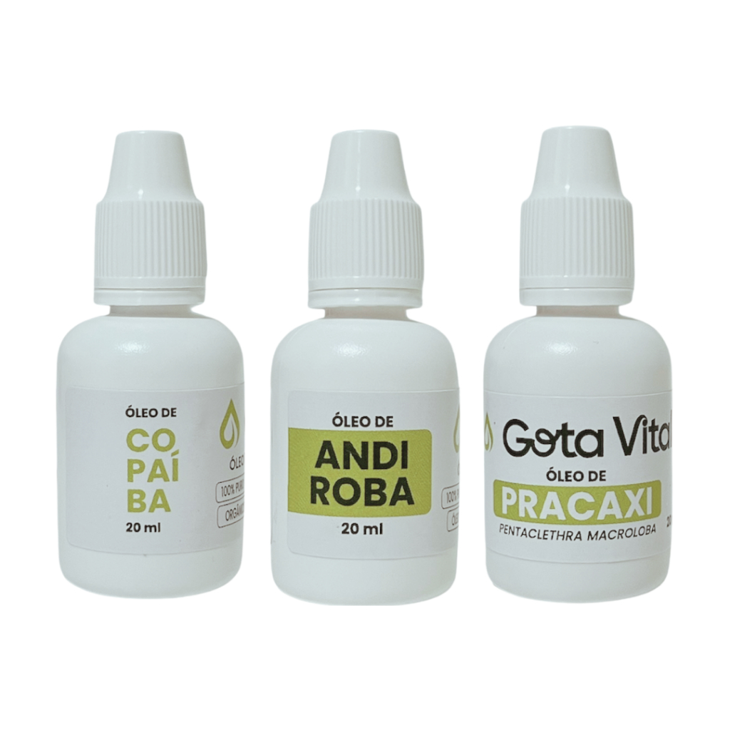 Kit 1 Óleo de Copaíba 1 Óleo de Andiroba 1 Óleo de Pracaxi 20 ml cada 100% Puros - Óleos Gota Vital - Direto da Amazônia