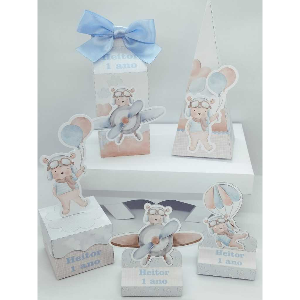 Kit Festa Infantil Ursinho Aviador/Baloeiro - Pegue e Monte - Lembrancinhas - Aniversário - Caixinhas Personalizadas - Papelaria Personalizada 20 peças