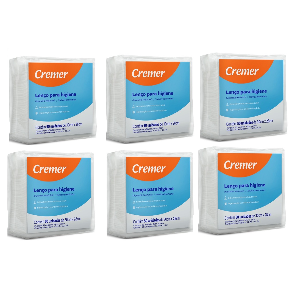 Lenco para Banho e Higiene Wipes com 50 Unidades Cremer - Kit com 6 Unidades em Oferta na Shopee