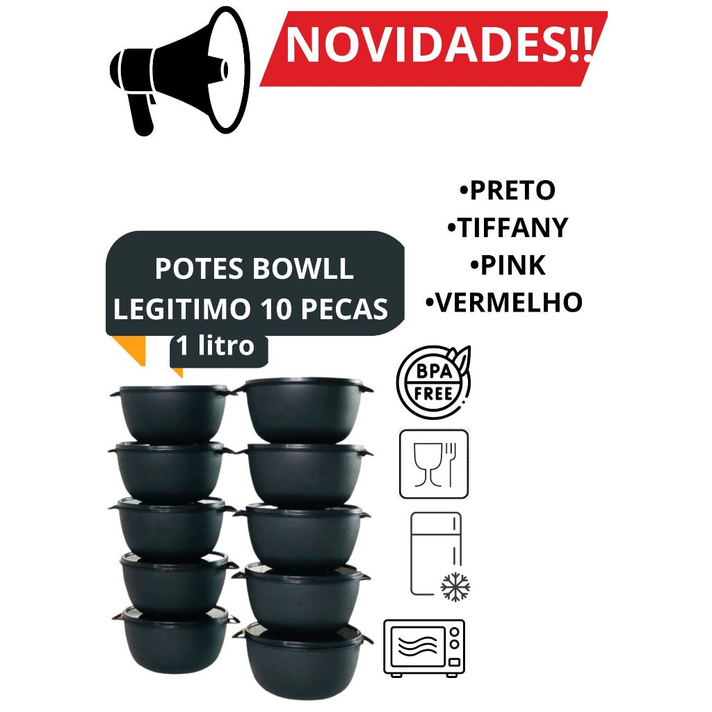 KIT POTES  BOWLL  LEGITIMO PLASTICO 1 LITRO  COM  10 PEÇAS PARA CASA NOVA