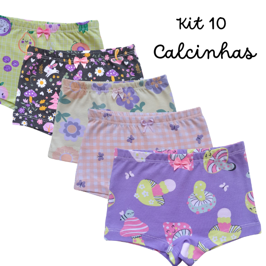 Kit Com 10 Calcinhas Shortinho Menina Box Boxer Estampadas Cottom Premium Feminina De 2 a 10 Anos