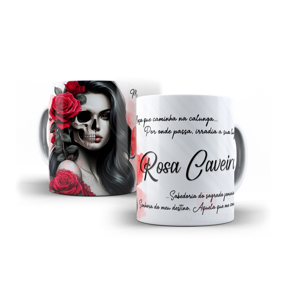 Caneca Pomba Gira Rosa Caveira Porcelana - Orixás Umbanda Candomblé