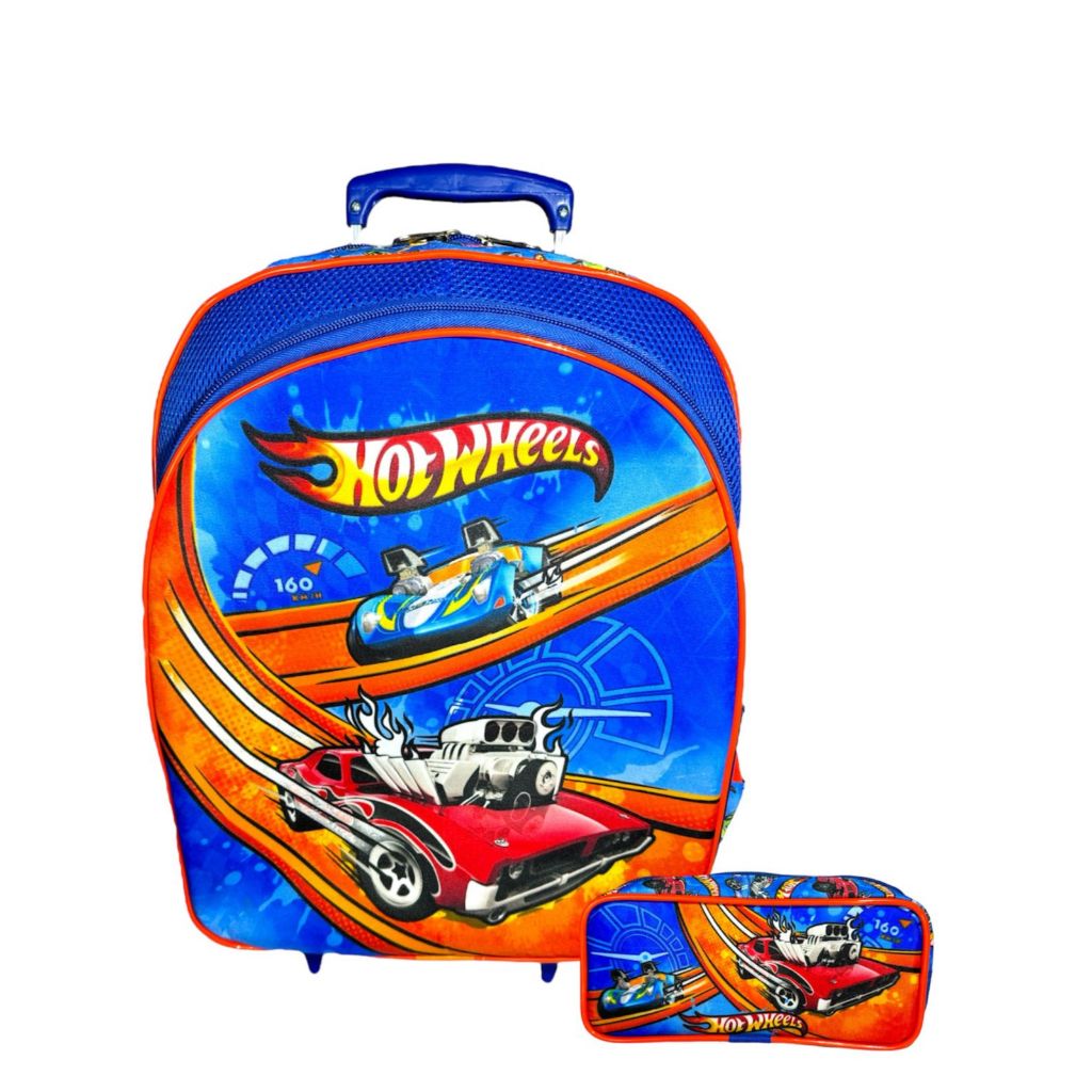 Mochila Infantil Escolar Meninos Rodinhas  Hot Wheels Carros Tamano G + Estojo