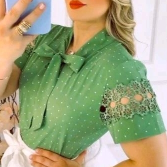 05ZA Blusa camisa feminina manga curta gola laço gravatinha