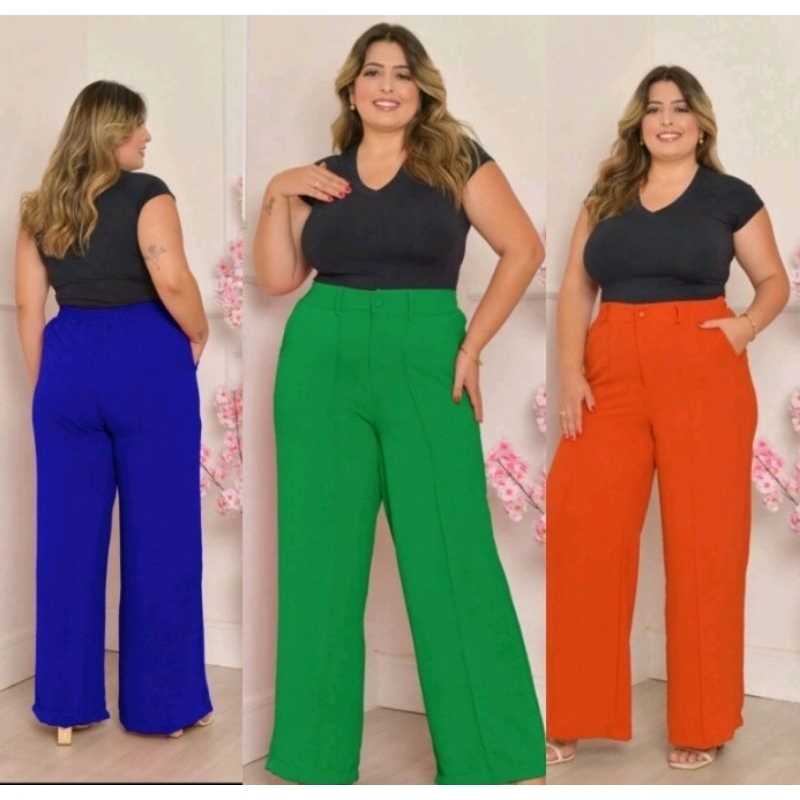 Calça Pantalona Com BOTAO Tecido Duna Wide Leg Estilo Gringa  Plus Size GG G1 G2 G3【3】 em Oferta na Shopee