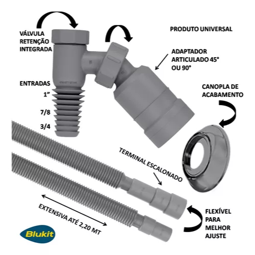 Kit Adaptador Articulado 45°/90° Mais Mangueira Saída De Água Máquina Lavar Tanquinho Lava Louças Anti Retorno Mau Cheiro Espuma Reto Inclinado