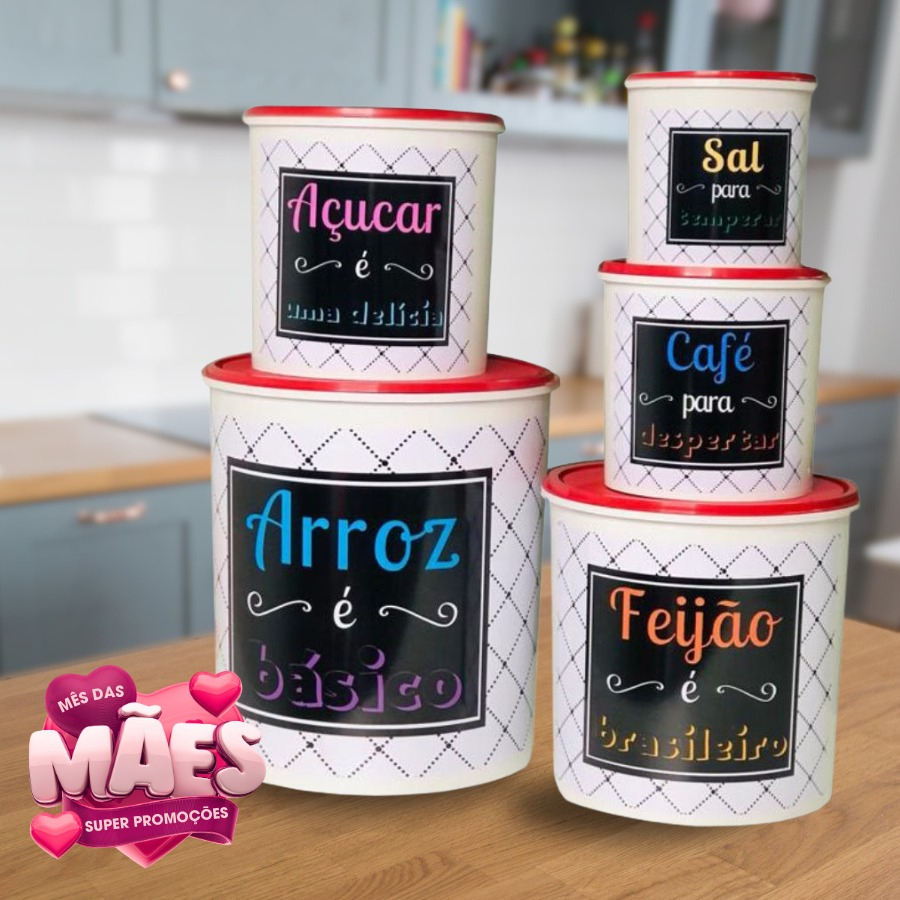 Kit 5 Potes de Mantimentos Plástico Decorado - Arroz é Básico em Oferta na Shopee