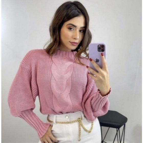 Blusa Trico De Frio Inverno Com Trança Moda Blogueira