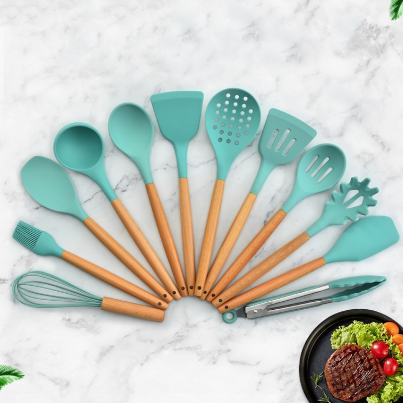 Kit C/12 Pçs Utensílios De Cozinha Colheres Espatula Silicone Cabo Madeira Decoração Livre...