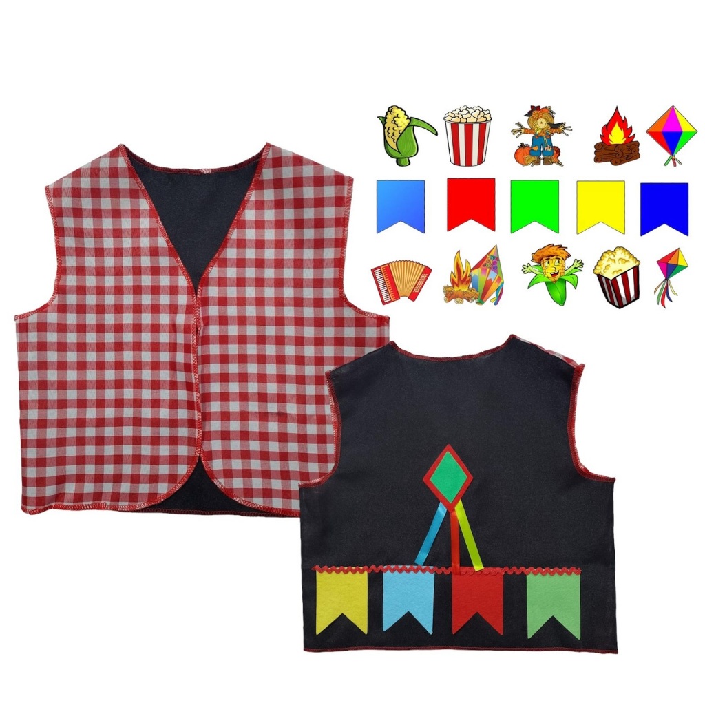 Fantasia Infantil Festa Junina Colete Xadrez Menino C/ 12 Termocolante Junino São João Arraiá Quadrilha Adesivos Temáticos Patch