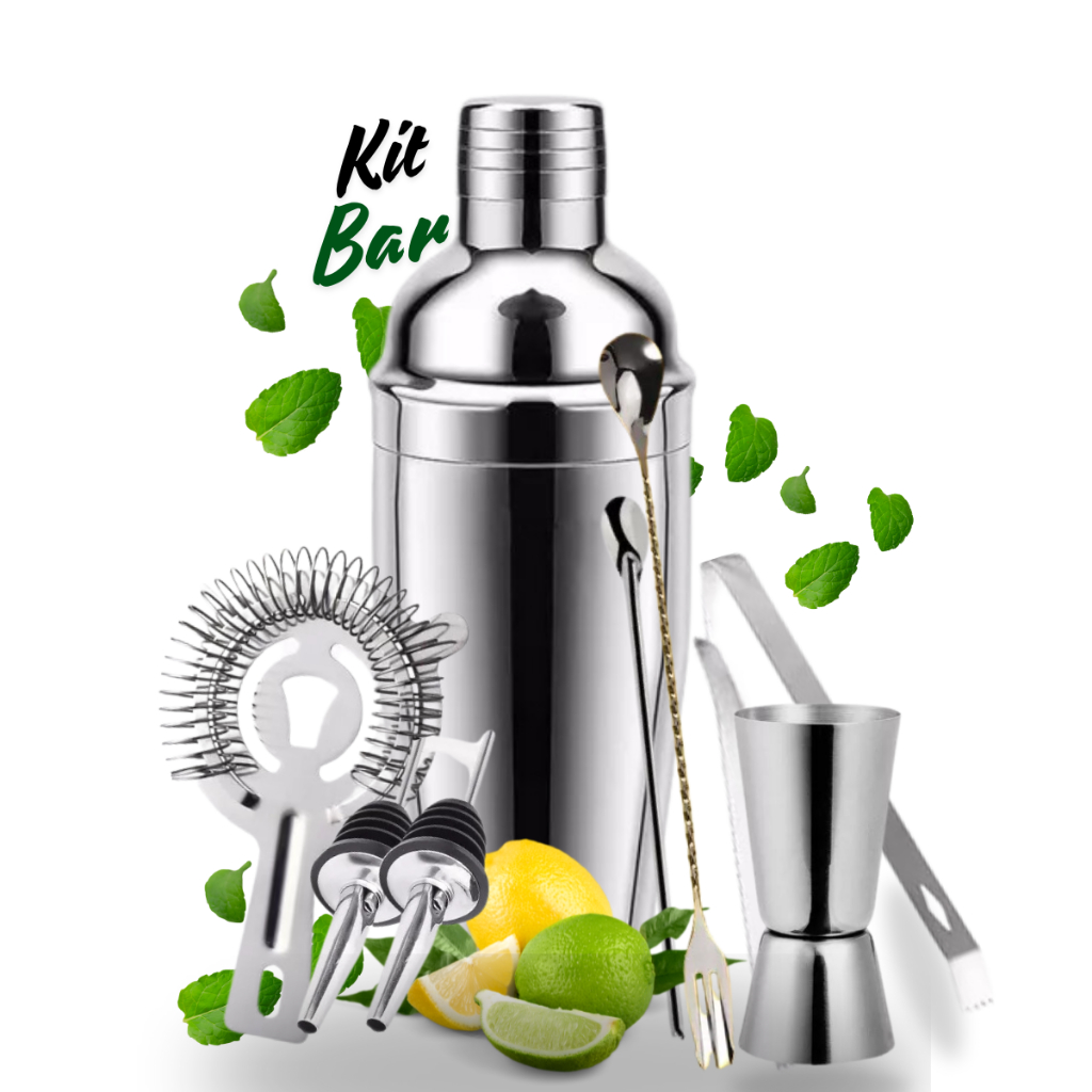 Kit Bar 8 Peças Aço Inox 550ml Coquetel Barman Profissional Bartender Churrasco
