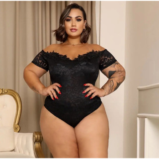 Body Plus Size Ombro Tule Manga Curta De Renda Com Fecho