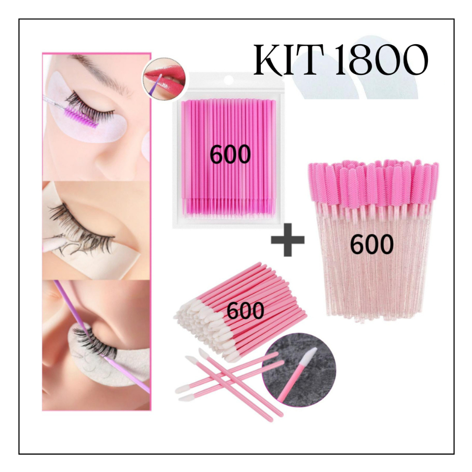 Kit 1800 - 600 Escovinhas + 600 Microbrush + 600 Aplicador de Batom Alongamento Cilios