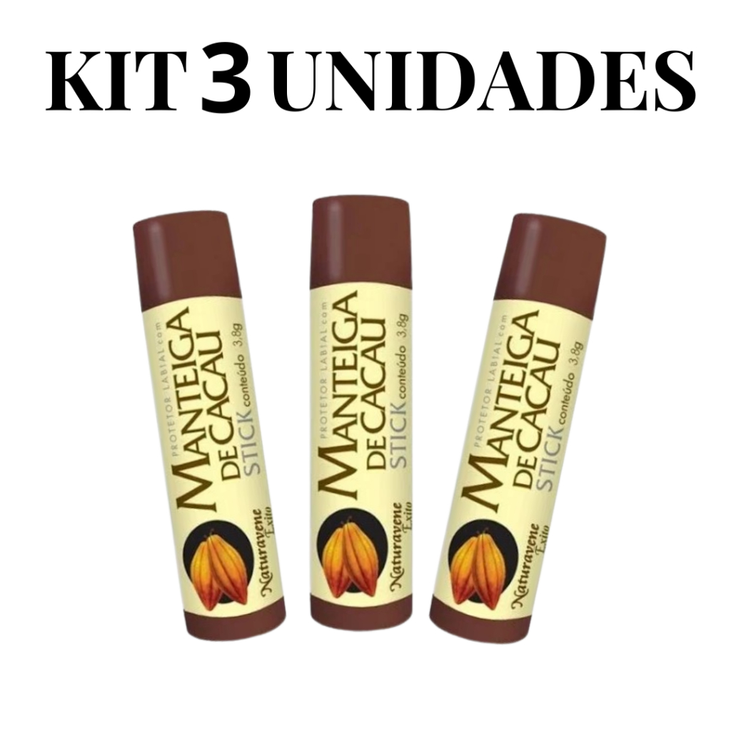 Kit 3 unidades Protetor Labial Naturavene Stick Manteiga De Cacau Hidratante e restaurador 3,8g