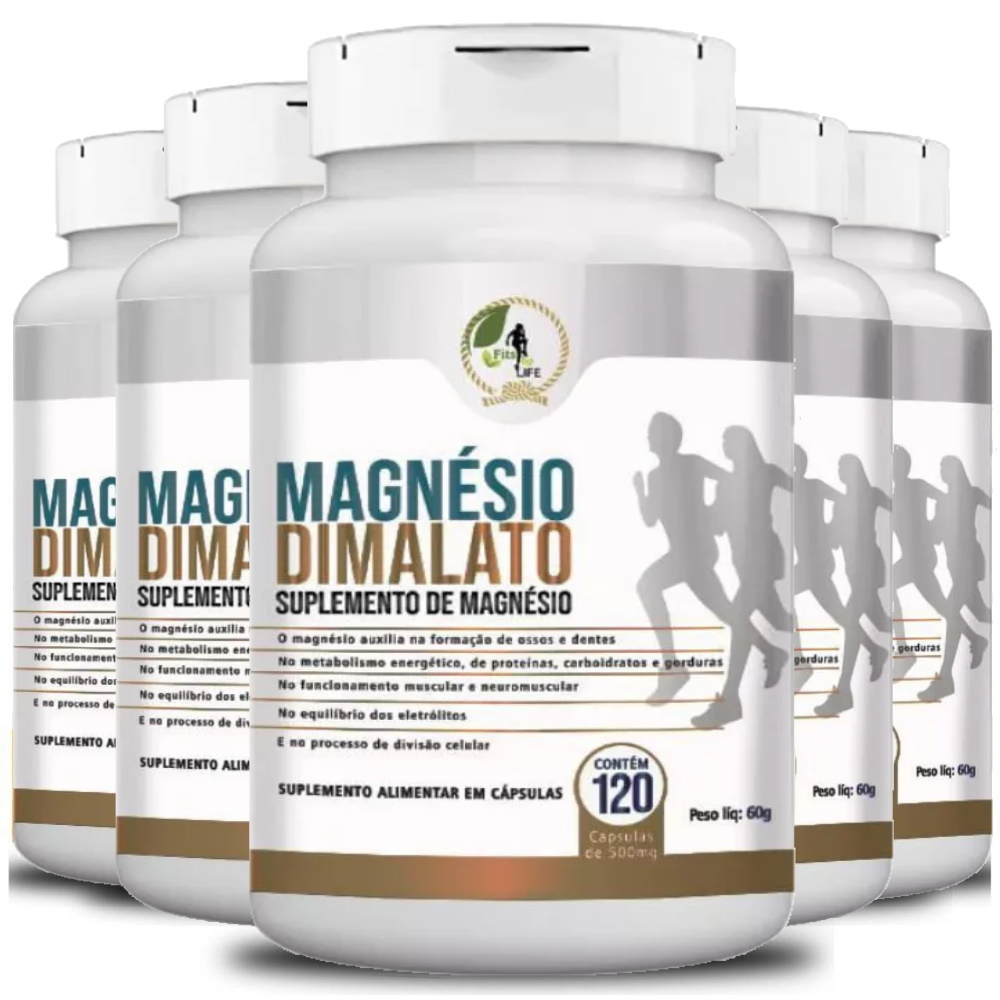 Kit/ 5 Magnésio Dimalato 600 Cápsulas 500mg Fortalecimento de Ossos Fits Life