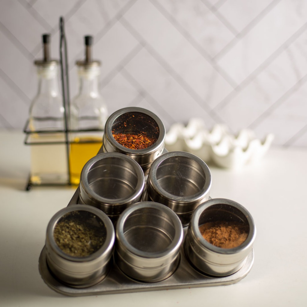 Conjunto 6 Porta Temperos de Aço Inox com Suporte Imantado 80ml - Lyor