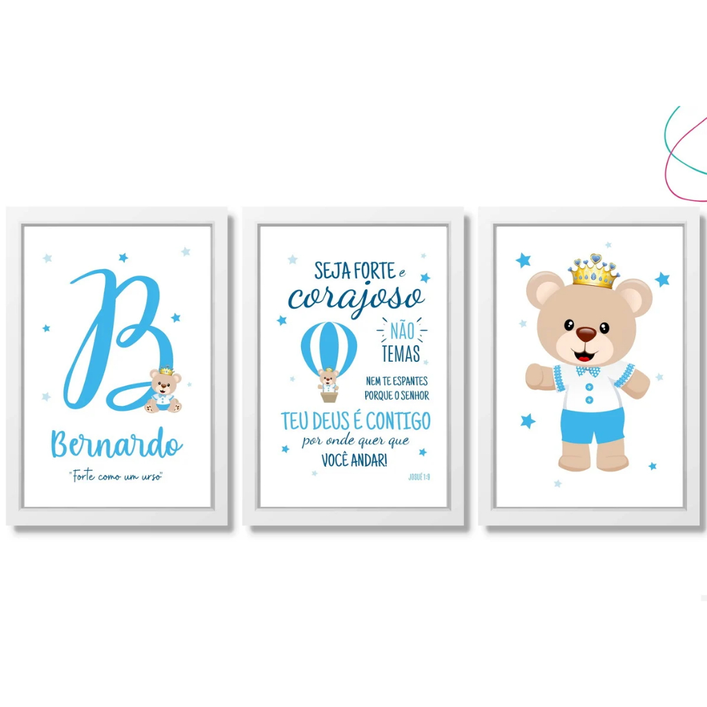 Kit com 3 Quadros Decorativos do Tema Ursinho Príncipe